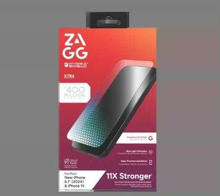 ZAGG InvisibleShield Glass XTR4 apsauginis stiklas su grafenu ir mėlynos šviesos filtru, skirtas iPhone 15/16