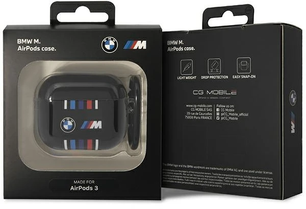 BMW BMA322SWTK AirPods 3 gen dėklas, juodos spalvos, su įvairiaspalvėmis linijomis