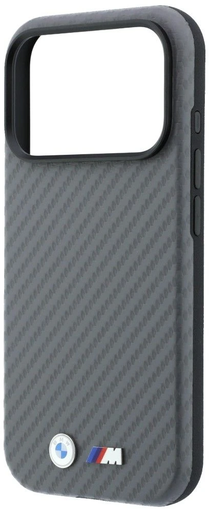 Dėklas BMW M Carbon Metal Logo MagSafe skirtas iPhone 18 Pro pilkas