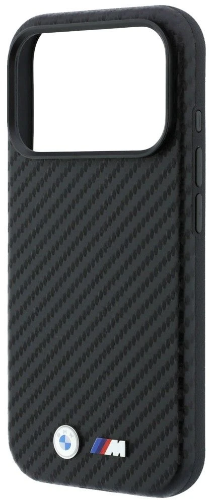 Dėklas BMW M Carbon Metal Logo MagSafe, skirtas iPhone 18 Pro, juodas