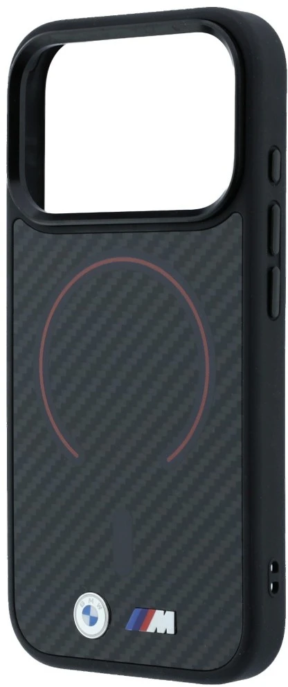 BMW M Kevlar raudona spauda žiedas metalinis logotipas MagSafe dėklas iPhone 18 Pro / 17 Pro - juodas