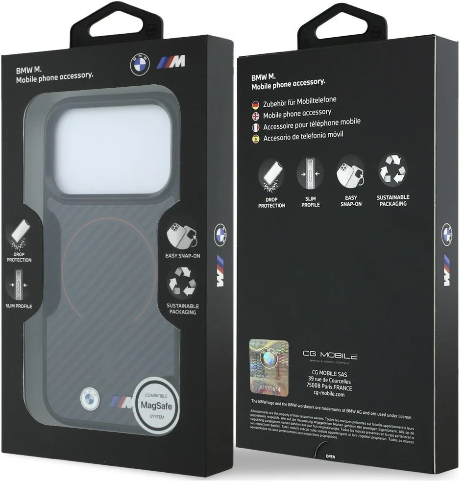 BMW M Kevlar raudonas spausdintas žiedas su metaliniu logotipu MagSafe dėklas iPhone 18 Pro Max / 17 Pro Max - Juodas