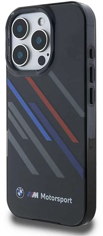 BMW BMHCP16X23HTRAK Apple iPhone 16 Pro Max 6.9″ juodos spalvos kietas dėklas Motorsport IML Random Stripes