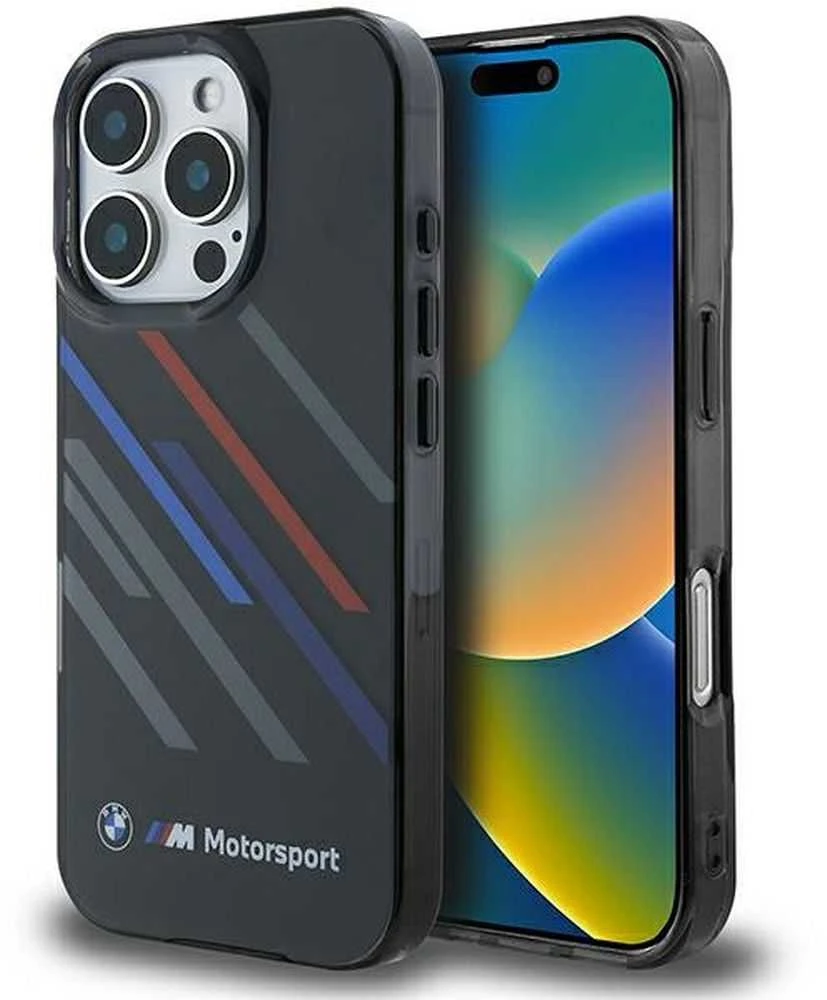 BMW BMHCP16X23HTRAK Apple iPhone 16 Pro Max 6.9″ juodos spalvos kietas dėklas Motorsport IML Random Stripes