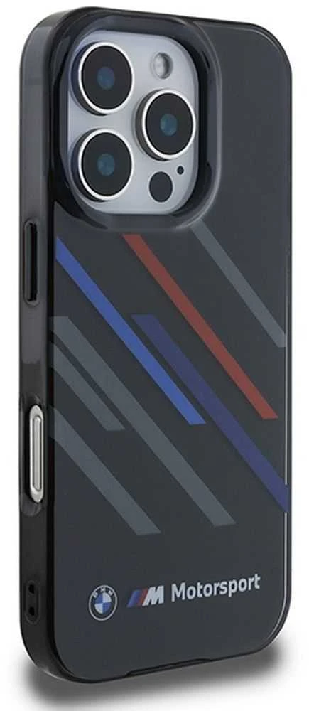 BMW BMHCP16L23HTRAK Apple iPhone 16 Pro 6.3″ juodos spalvos kietas dėklas Motorsport IML Random Stripes