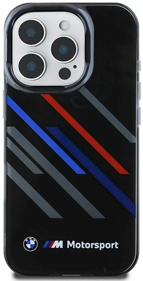 BMW BMHCP16X23HTRAK Apple iPhone 16 Pro Max 6.9″ juodos spalvos kietas dėklas Motorsport IML Random Stripes