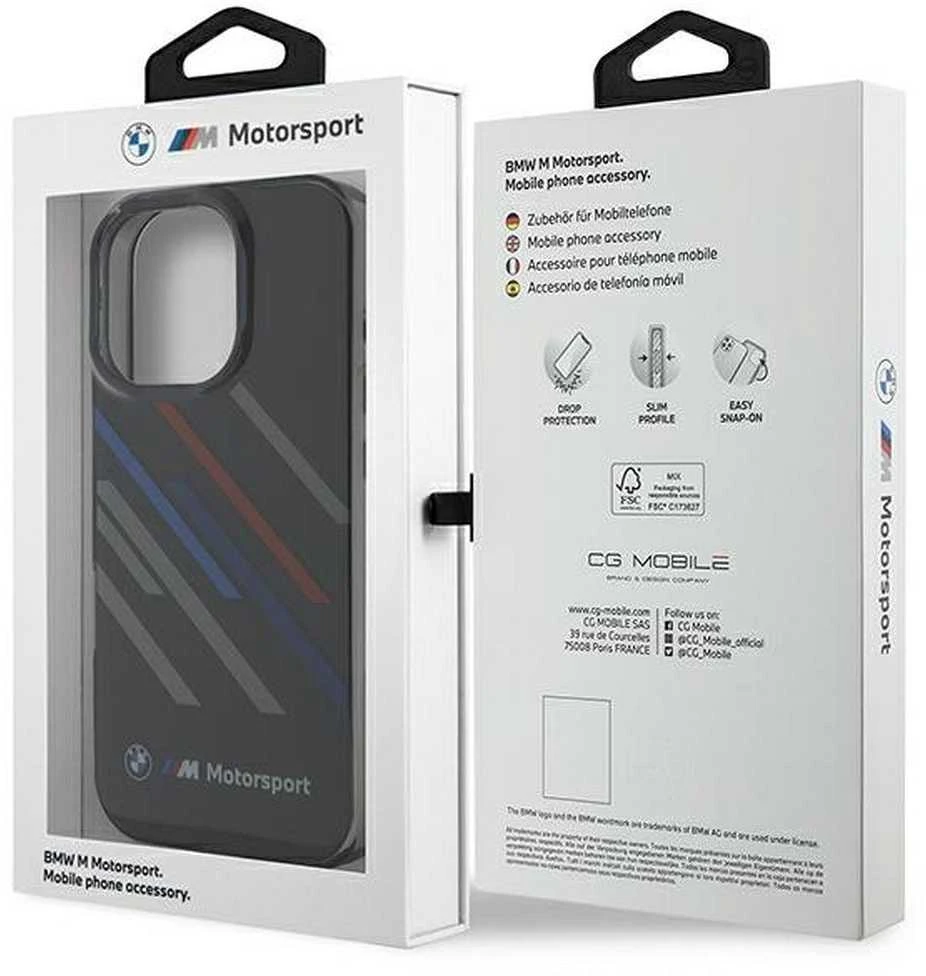BMW BMHCP16L23HTRAK Apple iPhone 16 Pro 6.3″ juodos spalvos kietas dėklas Motorsport IML Random Stripes