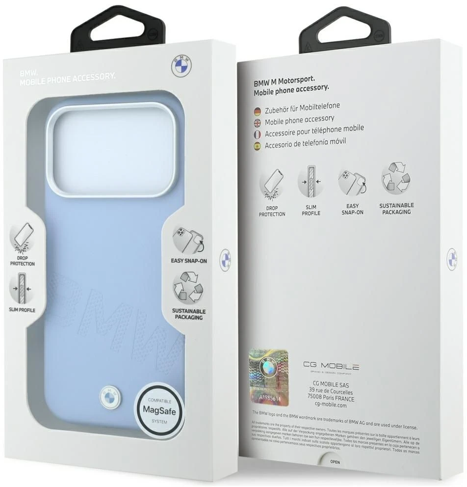 Dėklas BMW case for IPHONE 18 Pro/17 Pro compatible with MagSafe (Sign Inclined Deboss Letters) mėlynas
