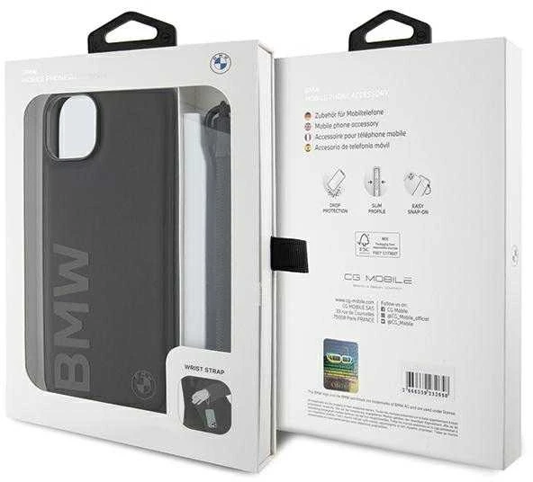 Dėklas BMW BMHCP15M23RMRLK Apple iPhone 15 Plus 14 Plus 6.7″ juodos spalvos kietas dėklas Signature Leather Wordmark Cor