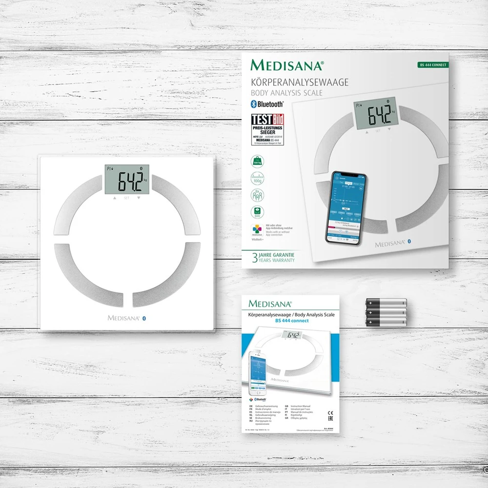 Medisana BS 444 kūno analizės svarstyklės, nerūdijančio plieno, Bluetooth | Medisana | BS 444 | Automatinis išjungimas | Kūno riebalų analizė | Kūno masės indekso (KMI) matavimas | Kūno vandens procentas | Kaulų masės analizė | Maksimalus svoris (keliamoji galia) 180 kg | Atminties funkcija | Keli vartotojai | Kūno skalė