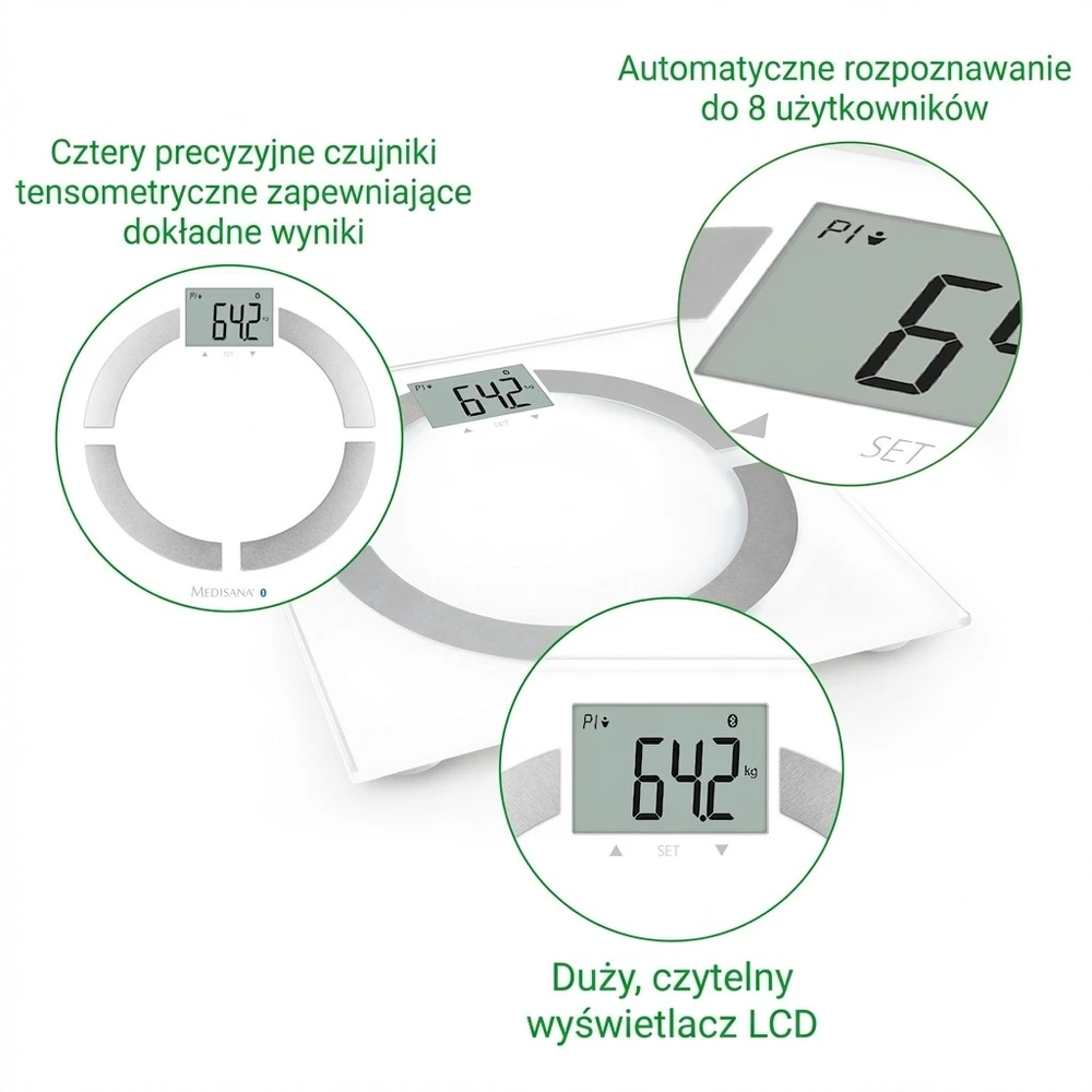 Medisana BS 444 kūno analizės svarstyklės, nerūdijančio plieno, Bluetooth | Medisana | BS 444 | Automatinis išjungimas | Kūno riebalų analizė | Kūno masės indekso (KMI) matavimas | Kūno vandens procentas | Kaulų masės analizė | Maksimalus svoris (keliamoji galia) 180 kg | Atminties funkcija | Keli vartotojai | Kūno skalė