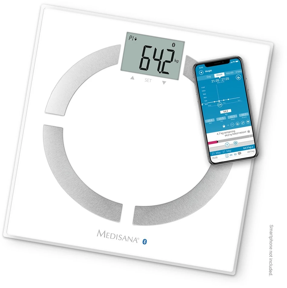 Medisana BS 444 kūno analizės svarstyklės, nerūdijančio plieno, Bluetooth | Medisana | BS 444 | Automatinis išjungimas | Kūno riebalų analizė | Kūno masės indekso (KMI) matavimas | Kūno vandens procentas | Kaulų masės analizė | Maksimalus svoris (keliamoji galia) 180 kg | Atminties funkcija | Keli vartotojai | Kūno skalė