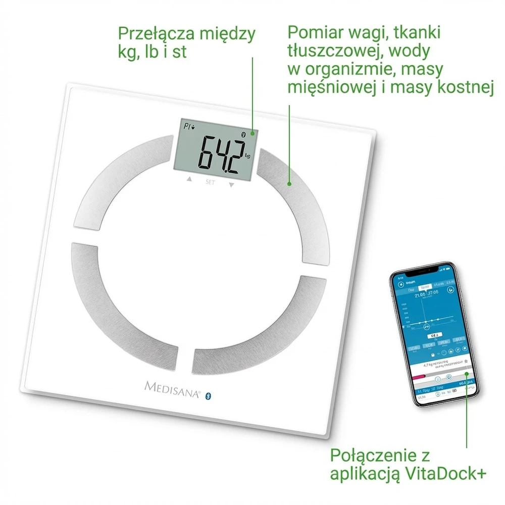 Medisana BS 444 kūno analizės svarstyklės, nerūdijančio plieno, Bluetooth | Medisana | BS 444 | Automatinis išjungimas | Kūno riebalų analizė | Kūno masės indekso (KMI) matavimas | Kūno vandens procentas | Kaulų masės analizė | Maksimalus svoris (keliamoji galia) 180 kg | Atminties funkcija | Keli vartotojai | Kūno skalė