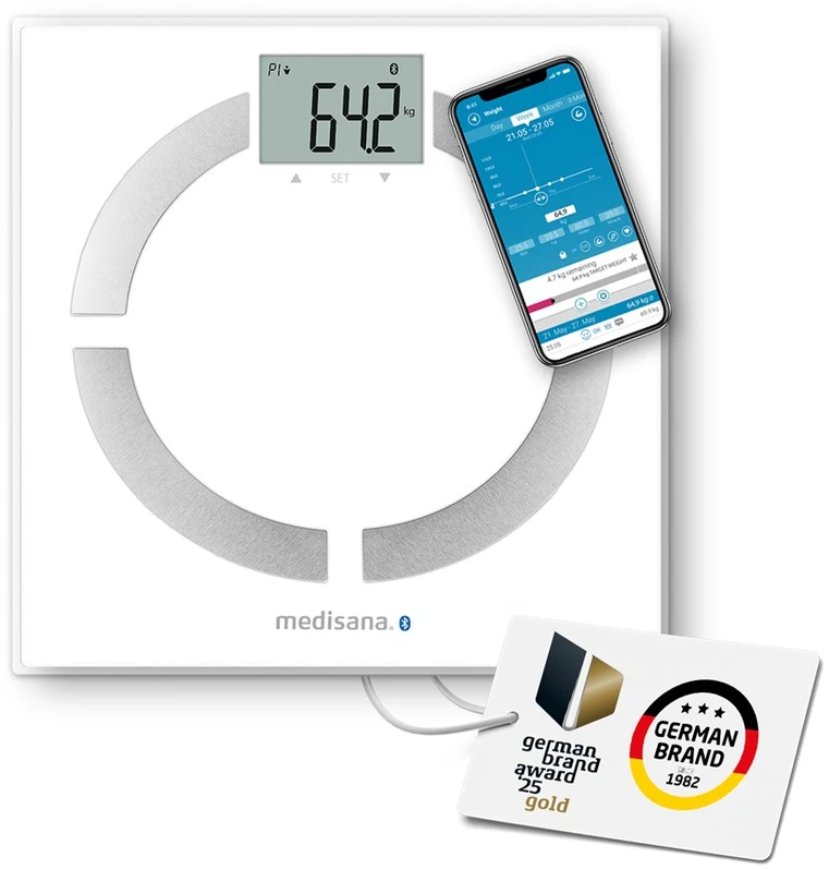 Medisana BS 444 kūno analizės svarstyklės, nerūdijančio plieno, Bluetooth | Medisana | BS 444 | Automatinis išjungimas | Kūno riebalų analizė | Kūno masės indekso (KMI) matavimas | Kūno vandens procentas | Kaulų masės analizė | Maksimalus svoris (keliamoji galia) 180 kg | Atminties funkcija | Keli vartotojai | Kūno skalė