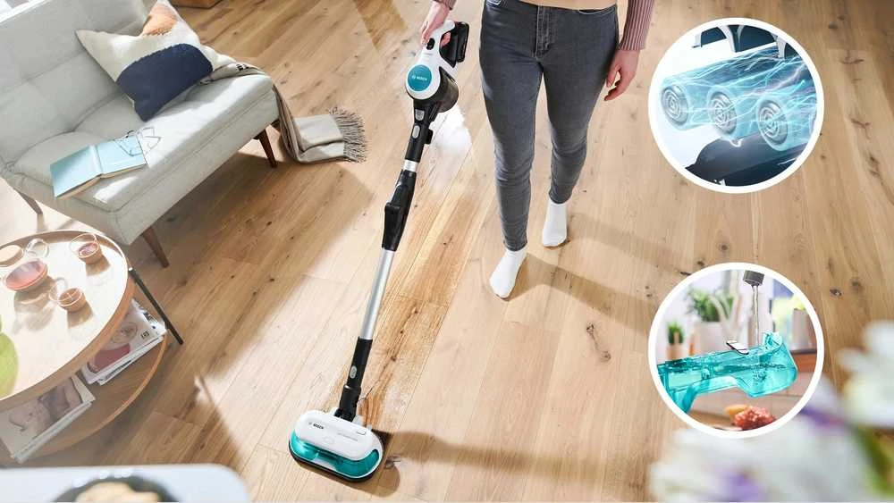 Įkraunamasis du viename dulkių siurblys Bosch Unlimited 7 ProHygienic Aqua, baltas