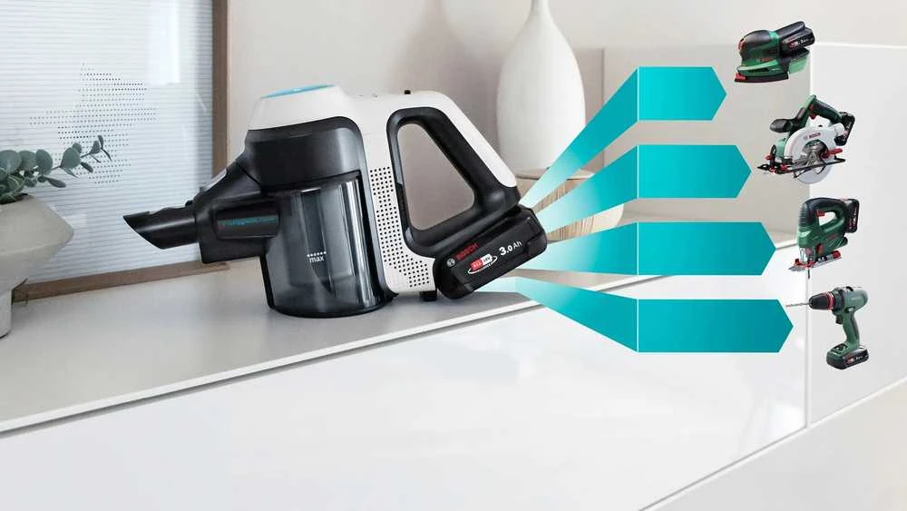 Įkraunamasis du viename dulkių siurblys Bosch Unlimited 7 ProHygienic Aqua, baltas