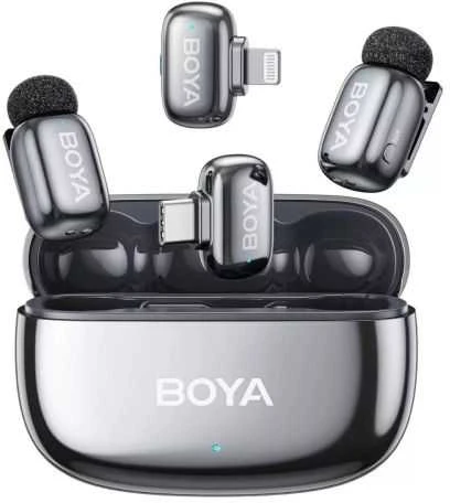 BOYA belaidis mikrofonas „Mini 2-01“ 2,4 GHz, su dirbtinio intelekto valdomu triukšmo slopinimu, 2 siųstuvais ir 2 imtuvais („Type-C“ ir „Lightning“), pilkos spalvos, ES