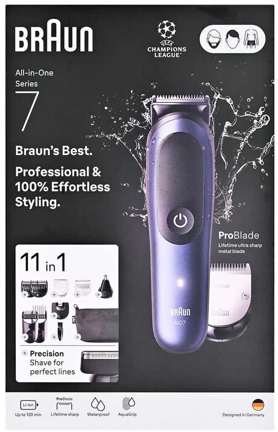 Braun 11in1 priežiūros rinkinys | Viskas viename, 7 serija, AIO7540 | Belaidis | Ilgio pakopų skaičius: 14 | Juodas/Mėlyna