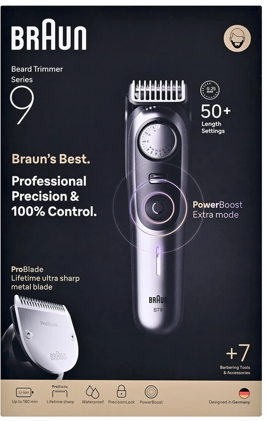 Barzdaskutė „Braun BeardTrimmer 9 80789785“ barzdos kirptuvas, su akumuliatoriumi, 20,2 cm, drėgnam ir sausam skutimui, pilkas