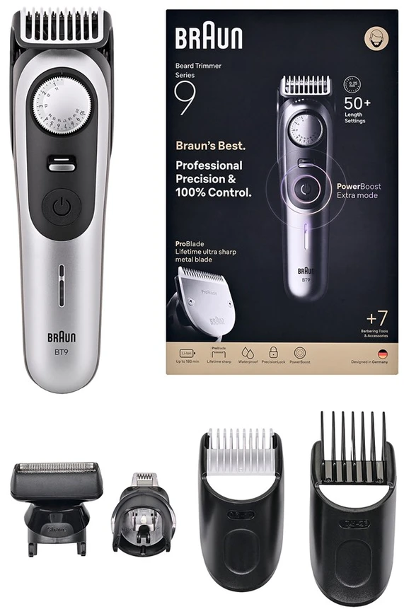 Barzdaskutė „Braun BeardTrimmer 9 80789785“ barzdos kirptuvas, su akumuliatoriumi, 20,2 cm, drėgnam ir sausam skutimui, pilkas