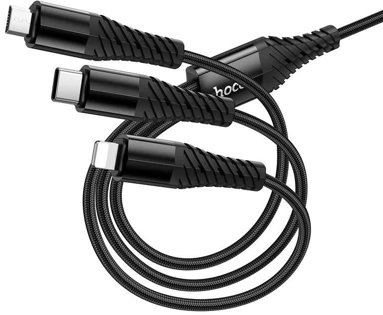 Laidas 3in1 USB C / USB A į Lightning + USB C + Micro USB Hoco 1 m X123 juodas