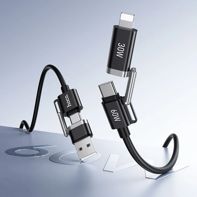 Kabelis 4w1 USB A/USB C į USB C/Lightning Hoco 3A 60W 1,2 m U155 juodas