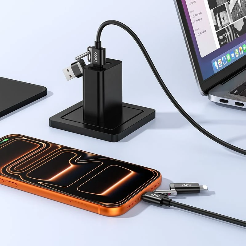 Kabelis 4w1 USB A/USB C į USB C/Lightning Hoco 3A 60W 1,2 m U155 juodas