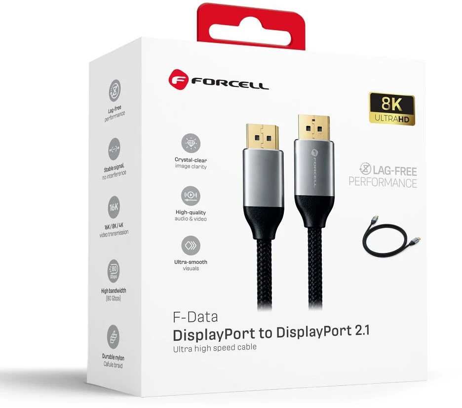 Cable Ekranas Port to Ekranas Port 2.1 Forcell 16K 60Hz/8K 120Hz/4K 240Hz - High Speed, HDR, Ethernet, G-SYNC/FreeSync, 80Gbps, 2 m juodas
