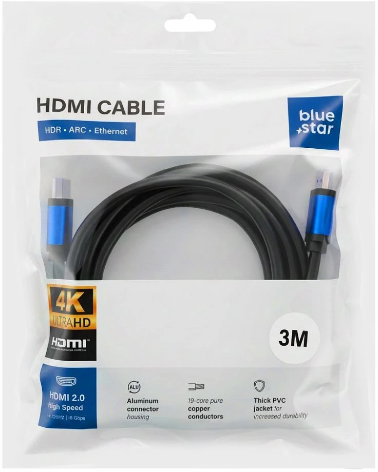 BlueStar HDMI 2.0 kabelis „Blue Star 4K 120Hz“ – didelės spartos, HDR, ARC, Ethernet, AWM, 18 Gbps, 3 m, juodas