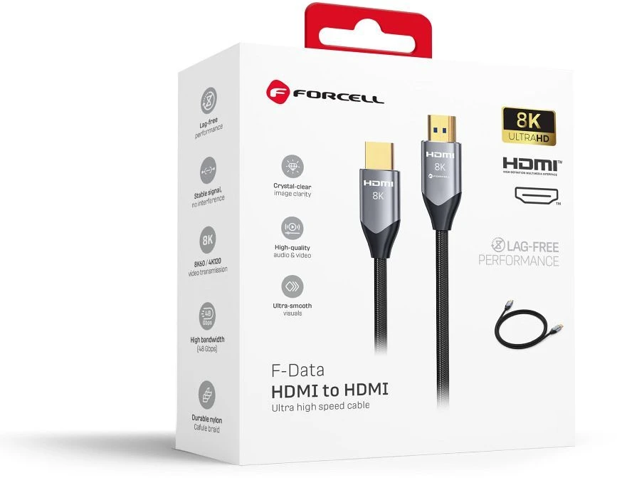 HDMI 2.1 laidas „Forcell Cafule“ 8K 60Hz / 4K 120Hz – itin didelis greitis, HDR, eARC, VRR, 48 Gbps, 5 m juodas
