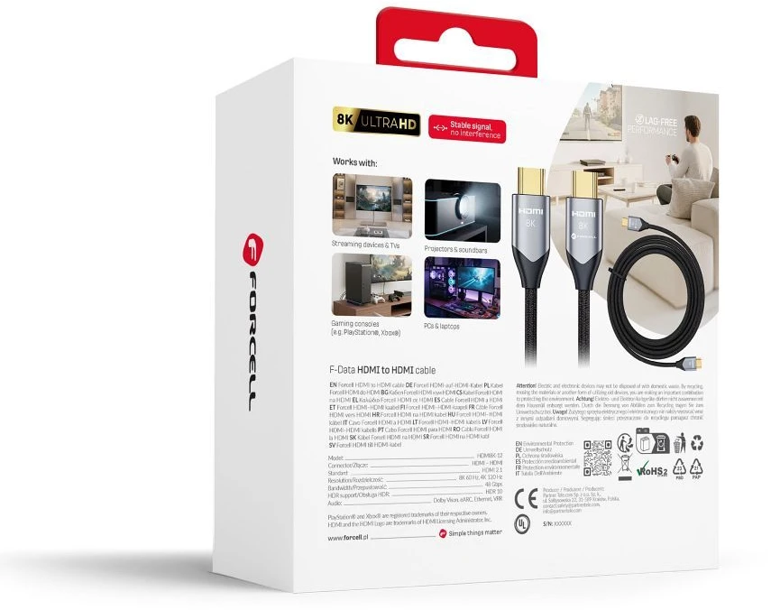 HDMI 2.1 laidas „Forcell Cafule“ 8K 60Hz / 4K 120Hz – itin didelis greitis, HDR, eARC, VRR, 48 Gbps, 5 m juodas