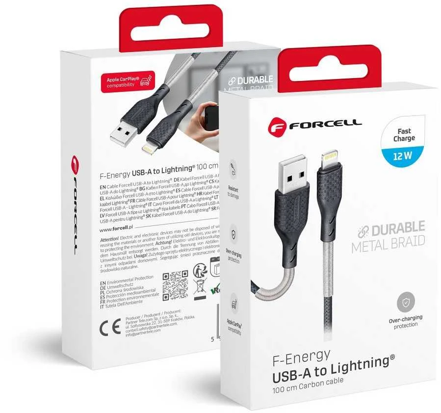 USB A tipo į „Lightning“ tipo laidas „Forcell F-Energy“ 2,4A 12W, anglies pluošto, 1 m, CB-01A, juodas