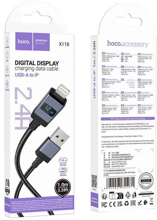 USB A tipo į „Lightning“ maitinimą maitinantis kabelis Hoco 2,4A su ekranu 1 m X118 juodas