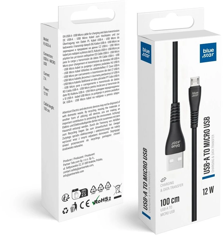 BlueStar USB A į Micro USB kabelis Blue Star 2A 12W 1 m PJ-DG3-A juodas