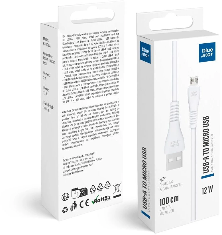 BlueStar USB A į Micro USB kabelis Blue Star 2A 12W 1 m PJ-DG3-A baltas