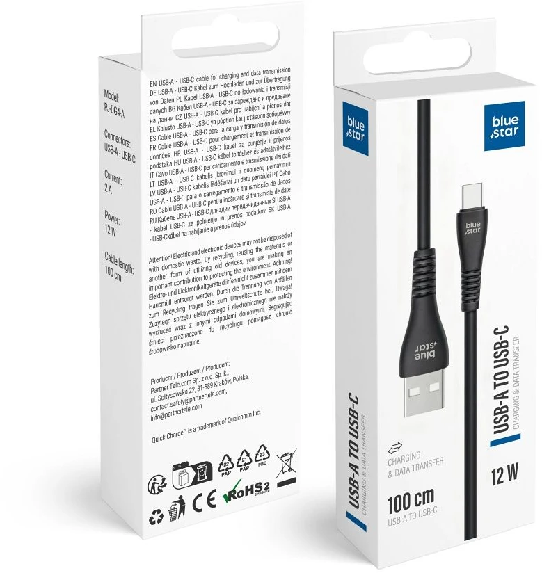 BlueStar USB A į USB C laidas „Blue Star“ 2A 12W 1 m juodas PJ-DG4-A
