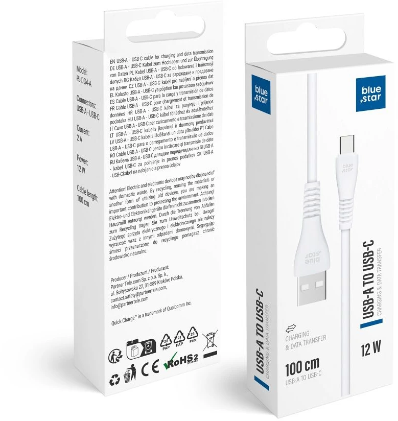BlueStar USB A į USB C laidas Blue Star 2A 12W 1 m PJ-DG4-A baltas