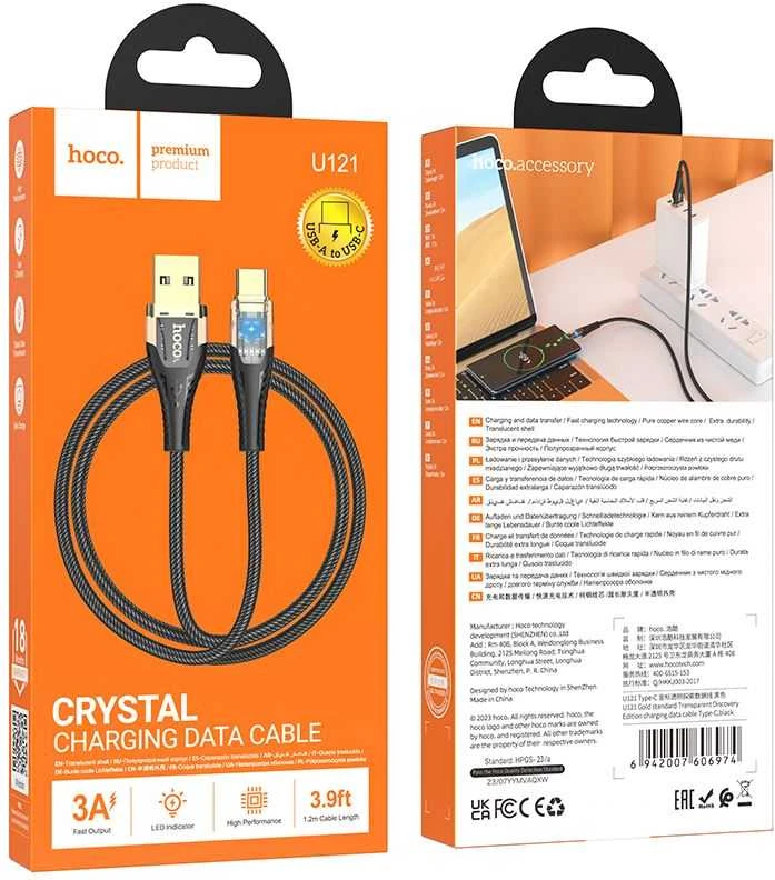 Cable USB A į USB C Hoco 2,4A 1,2 m U121 juodas skaidrus