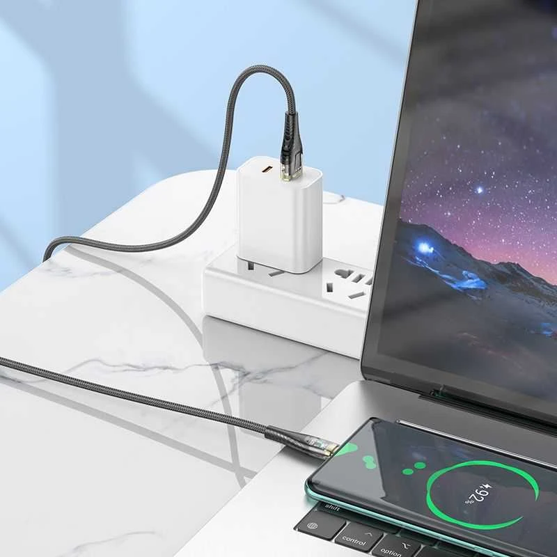 Cable USB A į USB C Hoco 2,4A 1,2 m U121 juodas skaidrus