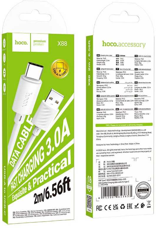 USB A į USB C laidas Hoco 3A 2 m X88 baltas
