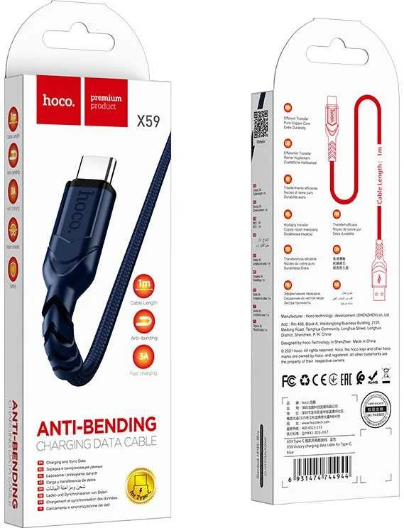 PTC HOCO kabelis USB A Male į Type-C Male, 3A, mėlynos spalvos, 1.0m, X59