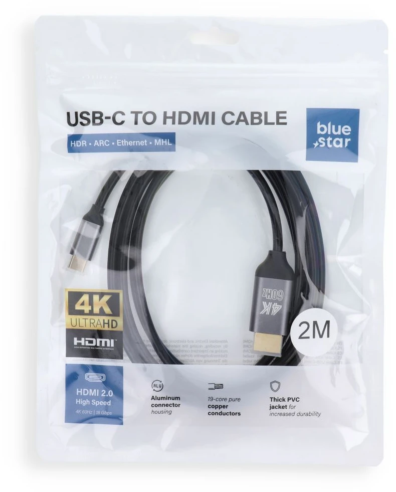 BlueStar Cable USB C to HDMI Blue Star 4K 60Hz - High Speed, HDR, ARC, Ethernet, AWM, 2m juodas