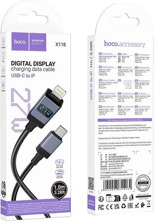 USB C į Lightning laidas Hoco PD 27W su ekranu 1 m X118 juodas