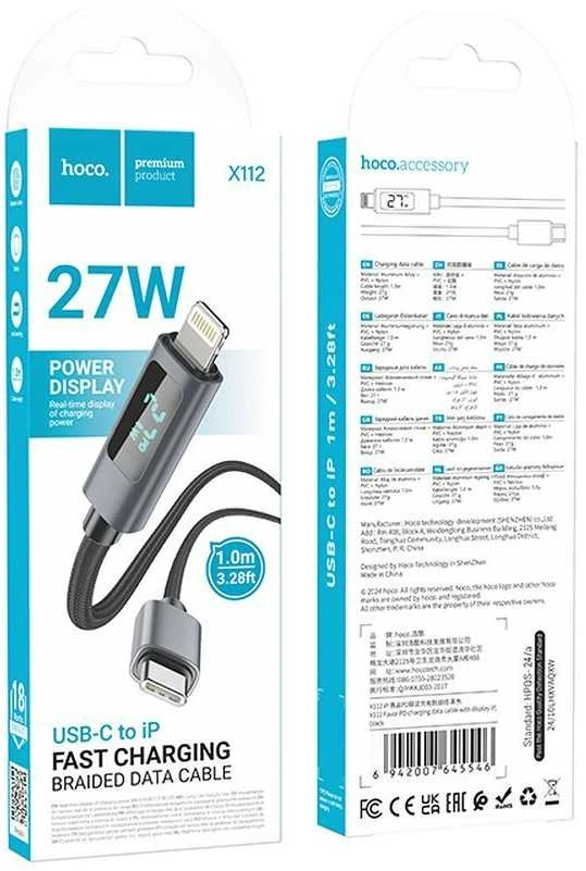 USB C į Lightning laidas Hoco PD 27W su ekranu 1 m X112 juodas