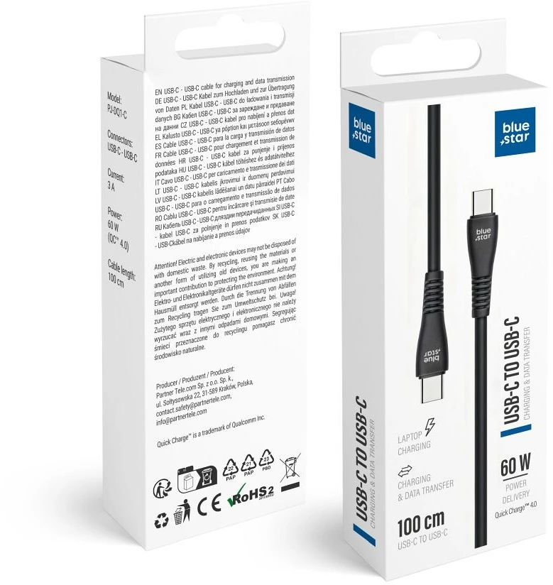 BlueStar USB C į USB C laidas Blue Star 3A 60W QC4.0 1 m juodas PJ-DQ1-C