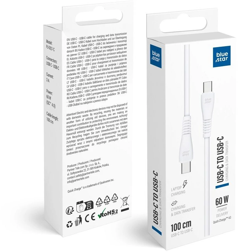 BlueStar USB C į USB C laidas Blue Star 3A 60W QC4.0 1 m PJ-DQ1-C baltas