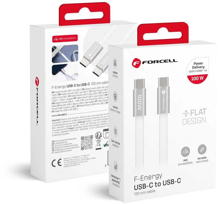 USB C į USB C laidas Forcell F-Energy QC4.0 PD 5A 100W Cafule Flat 1,2m CCFN23 baltas