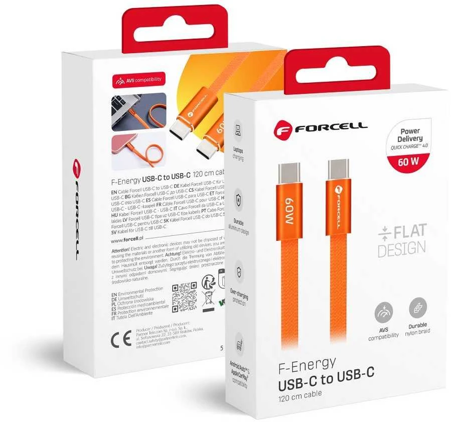 USB C į USB C laidas Forcell F-Energy QC4.0 PD 3A 60W Cafule Flat 1,2 m CCFN23 oranžinis