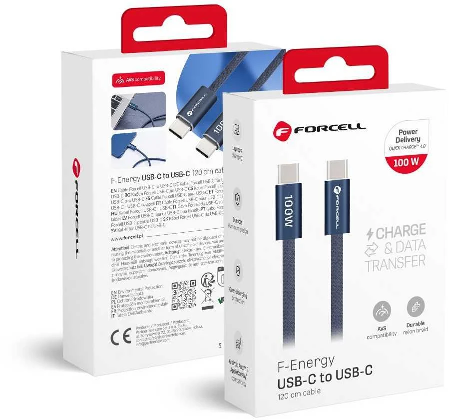USB C į USB C laidas Forcell F-Energy QC4.0 PD 5A 100W Cafule Color 1,2 m ACYH23 tamsi mėlynas