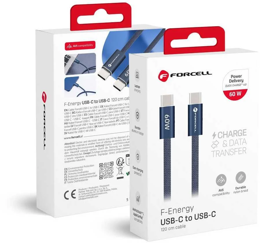 USB C į USB C laidas Forcell F-Energy QC4.0 PD 3A 60W Cafule Color 1,2 m ACYH23 tamsi mėlynas
